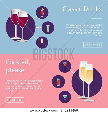 Classic Drinks, Cocktail Please, Set Of Posters With Alchohol Beverages On Your Choice In Round Circ