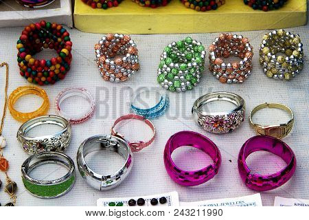 Colorful Bangles Made Of Beads And Metals On Display And Sale At Dhuadhar Water Falls, Bedaghat Near
