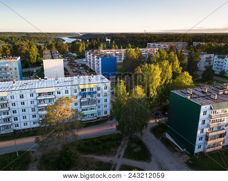 Top view of the houses in urban-type settlement, Nikolskiy, Leningrad region, Russia.