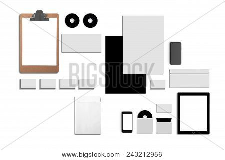 Blank Corporate Id. Set Isolated On White. Consist Of Business Cards, Folder, Tablet Pc, Envelopes, 