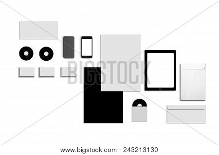 Blank Corporate Id. Set Isolated On White. Consist Of Business Cards, Folder, Tablet Pc, Envelopes, 