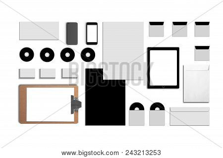 Blank Corporate Id. Set Isolated On White. Consist Of Business Cards, Folder, Tablet Pc, Envelopes, 