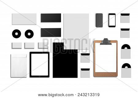 Blank Corporate Id. Set Isolated On White. Consist Of Business Cards, Folder, Tablet Pc, Envelopes, 
