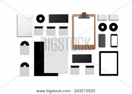 Blank Corporate Id. Set Isolated On White. Consist Of Business Cards, Folder, Tablet Pc, Envelopes, 