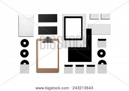 Blank Corporate Id. Set Isolated On White. Consist Of Business Cards, Folder, Tablet Pc, Envelopes, 