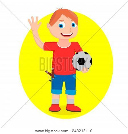 A Boy In Shorts And A T-shirt Is Holding A Ball In His Hand And Greeting Someone.