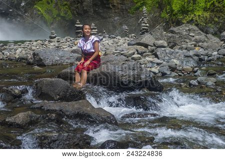 Batad, Philippines - May 02 : Girl From Ifugao Minority Near A Waterfall In Batad The Philippines On