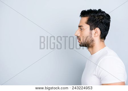 Profile Side View Portrait With Copy Space Empty Place For Product Of Virile Harsh Macho In White Ou