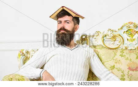 Overwork Concept. Macho Sits With Open Book On Head, Like Roof. Guy, Teacher Overdid With Teaching, 