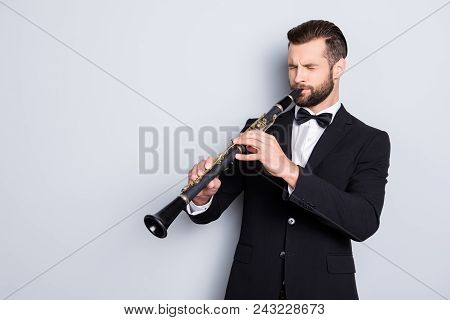 Portrait With Copy Space, Empty Place Of Stylish Talented Man With Hairstyle In Black Tux With Bow P