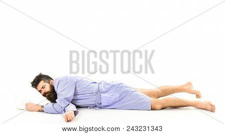 Man With Sleepy Face Lies On Pillow. Fast Asleep Concept. Man With Beard And Mustache In Deep Sleep,