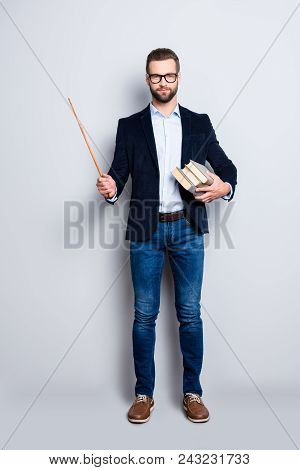 Full Size Fullbody Portrait Of Clever Smart Teacher In Shirt, Jacket, Jeans With Stubble Having Thre