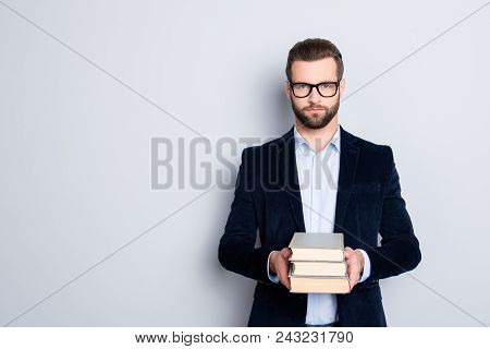Portrait With Copy Space, Empty Place Of Stylish Trendy Teacher In Shirt, Jacket With Stubble Having