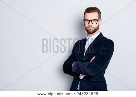 Portrait With Copy Space, Empty Place For Advertisement Of Elegant Half Turned Teacher With Stubble 