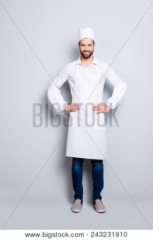 Full Size Body Portrait Of Attractive Handsome Butcher Isolated Over Grey Background, Wearing White 