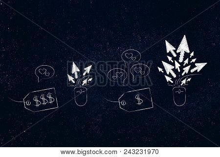 From Unpopular To Popular Items Conceptual Illustration: Expensive Price Tag With Average Clickrate 