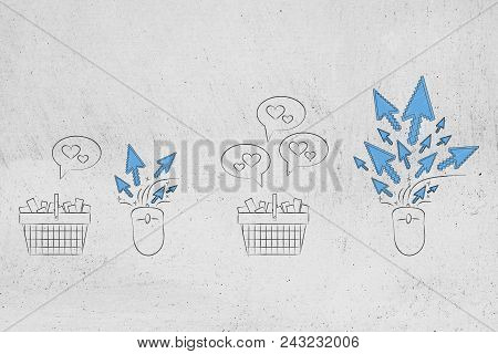 From Unpopular To Popular Items Conceptual Illustration: Shopping Basket With Average Clickrate Vers