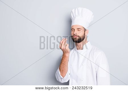 Portrait With Copyspace, Empty Place For Advertisement, Product Of Attractive Chef Cook In Beret Wit