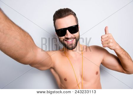 Self Portrait Of Cheerful Joyful Lifeguard With Stubble Shooting Selfie On Front Camera Showing Thum