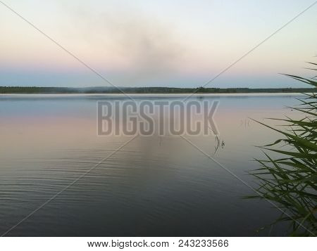 Summer Sunset On The River Vilia Steam Above The Water