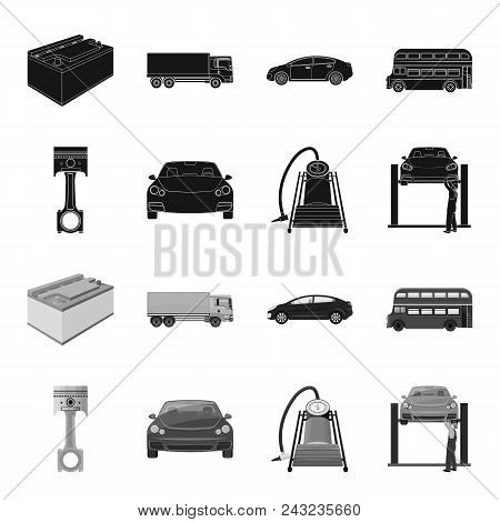 Car On Lift, Piston And Pump Black, Monochrome Icons In Set Collection For Design.car Maintenance St