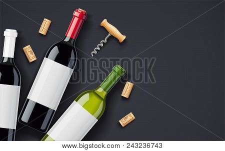Red Wine Bottle, Cork And Corkscrew Concept Design For Wines Card In Dark Background. Drink Menu. Bo
