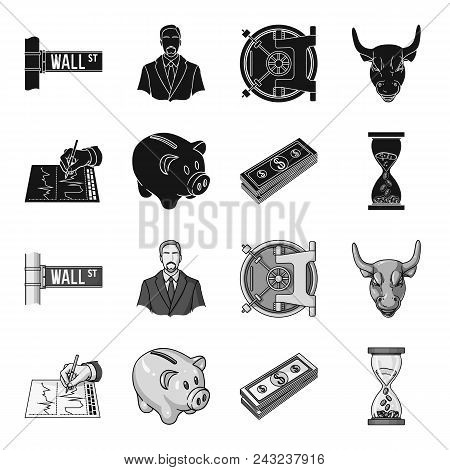 Bank, Business Schedule, Bundle Of Notes, Time Money. Money And Finance Set Collection Icons In Blac