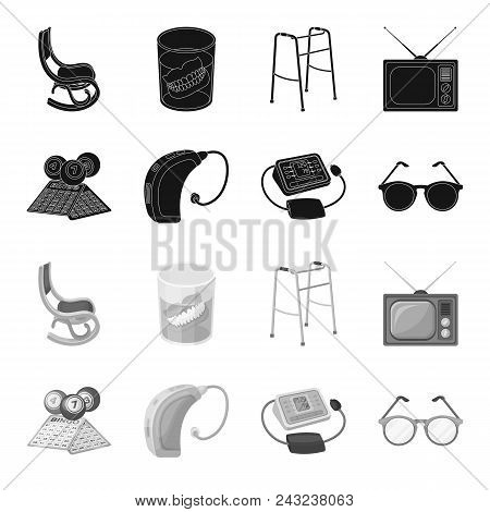 Lottery, Hearing Aid, Tonometer, Glasses.old Age Set Collection Icons In Black, Monochrome Style Vec