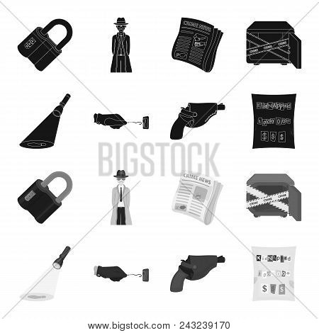 The Detective Flashlight Illuminates The Footprint, The Criminal Hand With The Master Key, A Pistol 