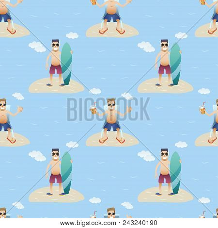 Summer Seamless Pattern Of People On Blue Background. Happy Man Is Standing In Glasses And Shorts Wi