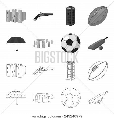 Umbrella, Stone, Ball, Cricket .england Country Set Collection Icons In Outline, Monochrome Style Ve