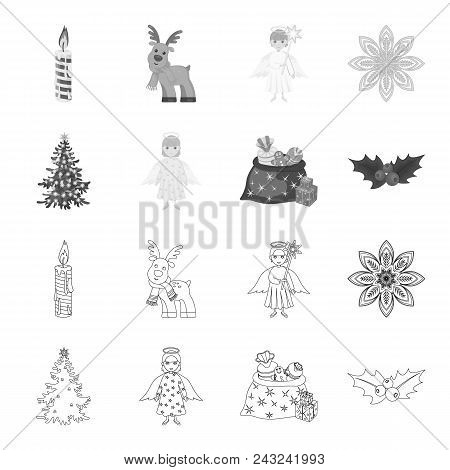 Christmas Tree, Angel, Gifts And Holly Outline, Monochrome Icons In Set Collection For Design. Chris