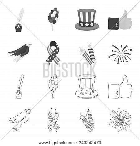 American Eagle, Ribbon, Salute. The Patriot Day Set Collection Icons In Outline, Monochrome Style Ve