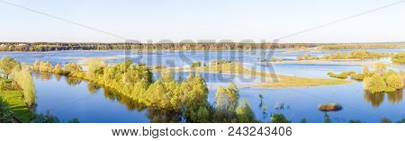 The River In Flood After Snowy Winter. Spring Flood Of The Seym River In Ukraine. Panoramic Image Of