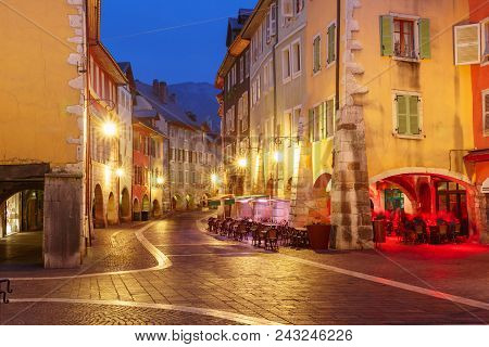 Nice Street Rue Sainte-claire In Old Town Of Annecy At Rainy Night, France
