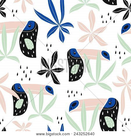 Seamless Pattern With Tropical Birds,tucans, Palm Leaves. Creative Kids Texture For Fabric, Wrapping