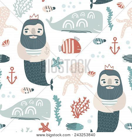 Seamless Childish Pattern Ocean King And Undersee Elements . Creative Scandinavian Kids Texture For 