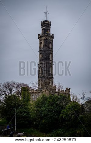 Vice Admiral Horatio Nelson Monument On Top Of Calton Hill In Edinburgh, Scotland, Uk