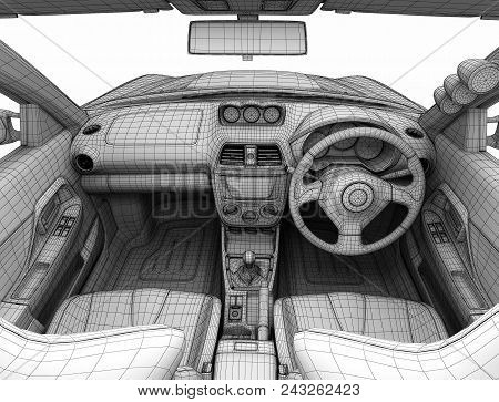 Car Salon In The Form Of A Grid. Monochrome Execution Of The Layout Of The Constituent Elements Of T