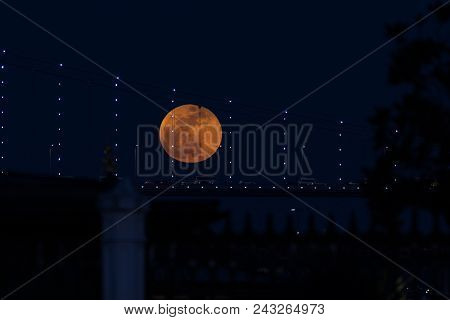 Super Blue Blood Moon Behind Bosphorus Bridge In Istanbul, Turkey