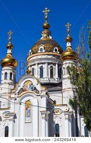 Orthodox Crosses On Gold Domes Blue Sky With Clouds