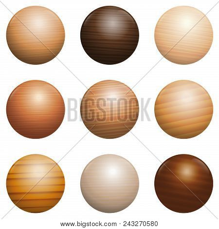 Wood Types. Set Of Nine Polished, Varnished, Textured Decor Balls - Brown, Dark, Gray, Light, Red Or
