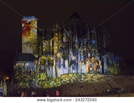 Le Mans, France - August 28, 2016: Night Of Chimera Illuminated Perfomance On The Wall Of Roman And 