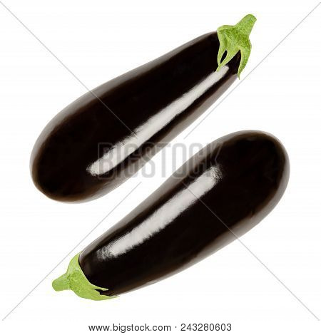 Two Eggplants From Above. Solanum Melongena, Also Aubergine Or Brinjal. Nightshade. Elongated Oval S