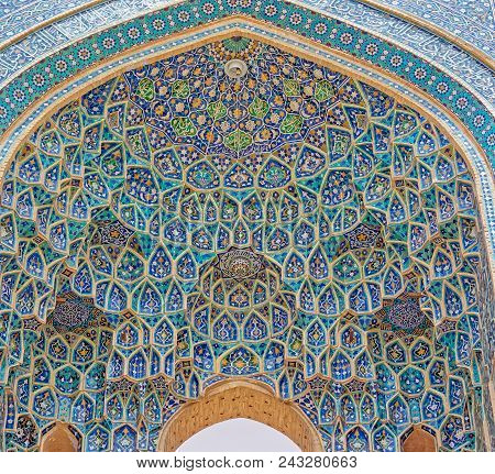 Yazd, Iran - May 5, 2015: Yame Mosque Portal Decorated With Mosaic Art In Old City.