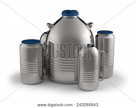 Cryogenic Dewar Flasks Isolated On White. 3d Rendering