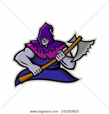 Mascot Icon Illustration Of A Hooded Medieval Or Absolutist Executioner Or Headsman  Carrying An Axe