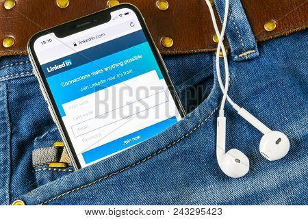 Sankt-petersburg, Russia, April 14, 2018: Linkedin Homepage On Apple Iphone X Screen Close-up In Jea