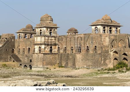 Jahaz Mahal , Ship Palace In Sunrise. Mandu, Madhya Pradesh. India. Old Indian Architecture On The B