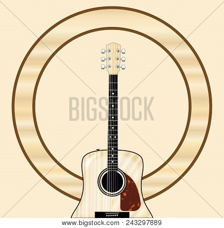 A Typical Acoustic Guitar With Wooden Circle As A Background Blank For A Musical Event Poster